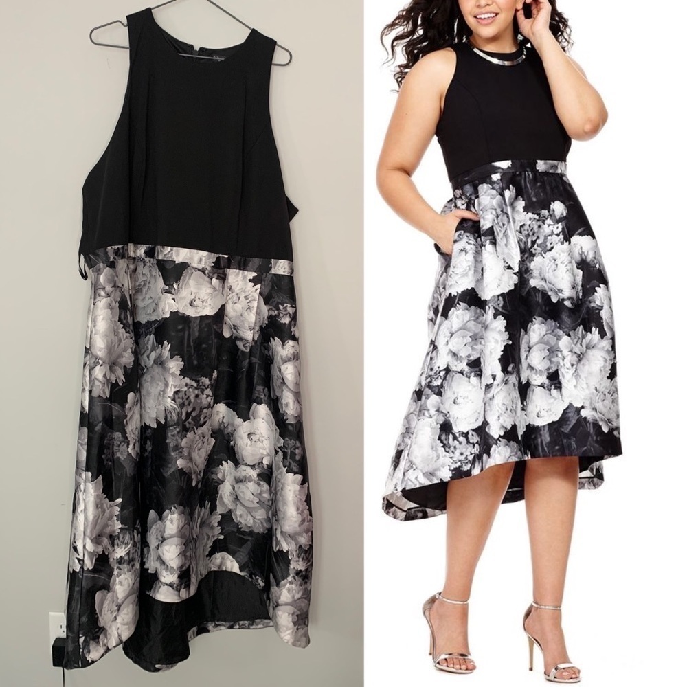 City Chic Victoria Black Moody Floral Fit and Flare High Low Midi Dress